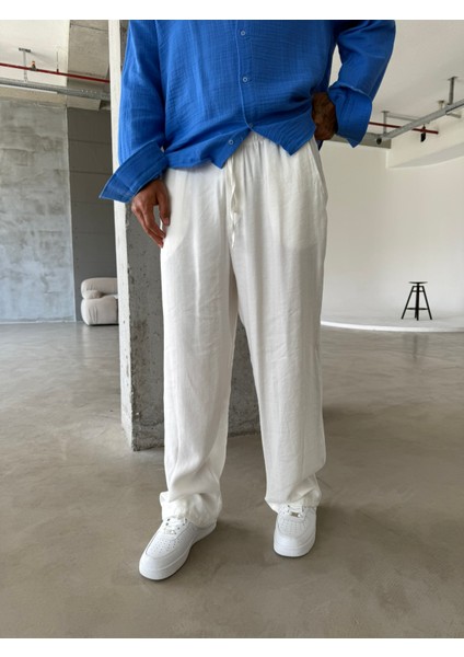 Tensel Kumaş Baggy Fit Pantolon-Beyaz