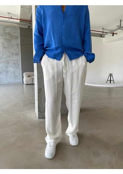 Tensel Kumaş Baggy Fit Pantolon-Beyaz fiyatları