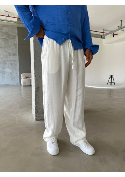 Tensel Kumaş Baggy Fit Pantolon-Beyaz fırsatları