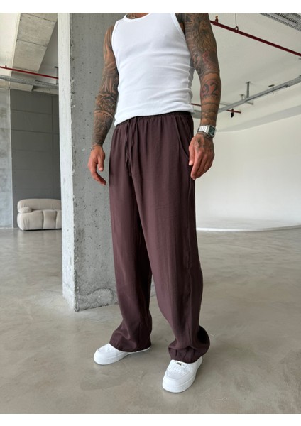 Tensel Kumaş Baggy Fit Pantolon-Kahve