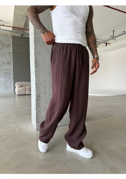 Tensel Kumaş Baggy Fit Pantolon-Kahve modelleri