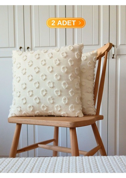 Ekru tüylü pamuklu şık kırlent kılıfı 43x43, konforlu ve özel tasarım, 2'li set