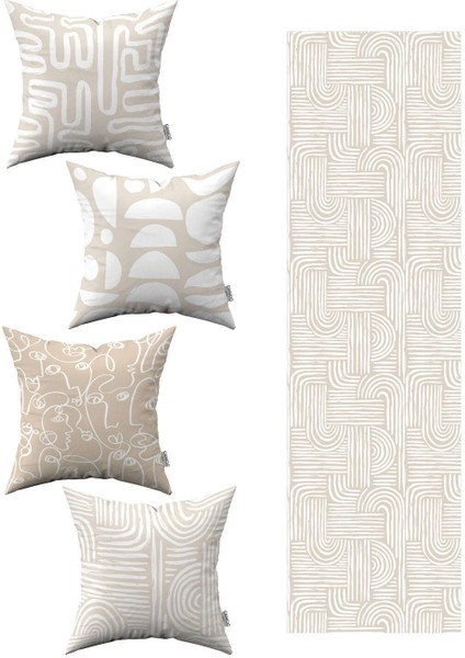 Krem Bohem Desenli 4'lü Kırlent ve Runner Seti Polyester Bej Parça 5