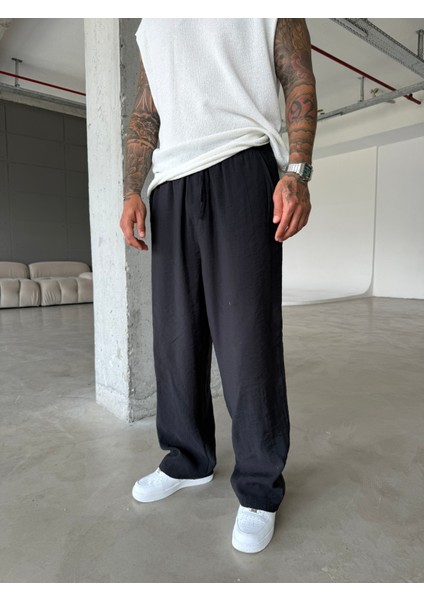 Tensel Kumaş Baggy Fit Pantolon-Siyah