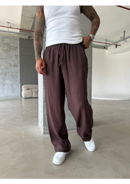 Tensel Kumaş Baggy Fit Pantolon-Kahve