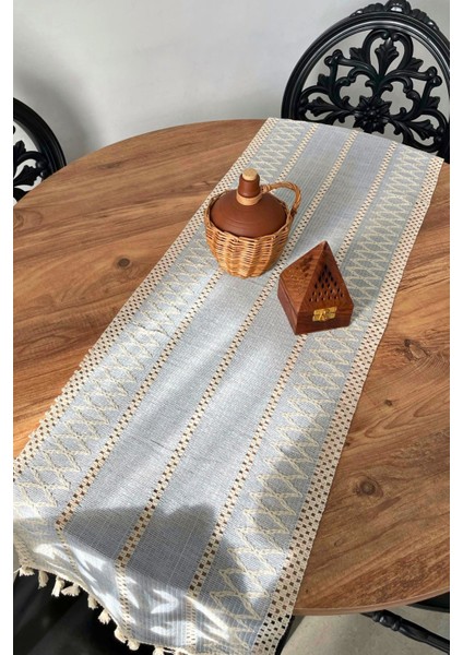 Gri Pamuklu Desenli Dikdörtgen Runner 35x140, şık ve doğal ev dekoru