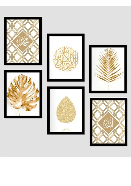 6 Parça Gold Allah Muhammed Yazılı Duvar Dekoru Salon Oturma Yatak Odası Ofis Için 20X15 Tablo Seti