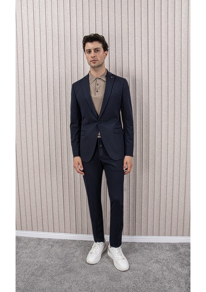 Erkek Likralı Beli Ipli Slim Fit Mono Yaka Takım Elbise