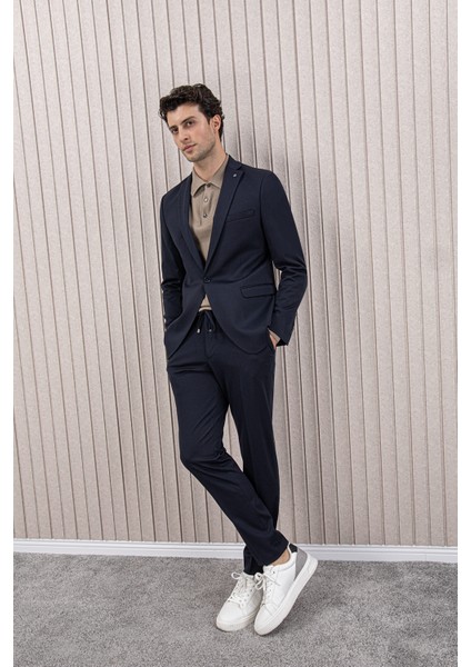 Erkek Likralı Beli Ipli Slim Fit Mono Yaka Takım Elbise