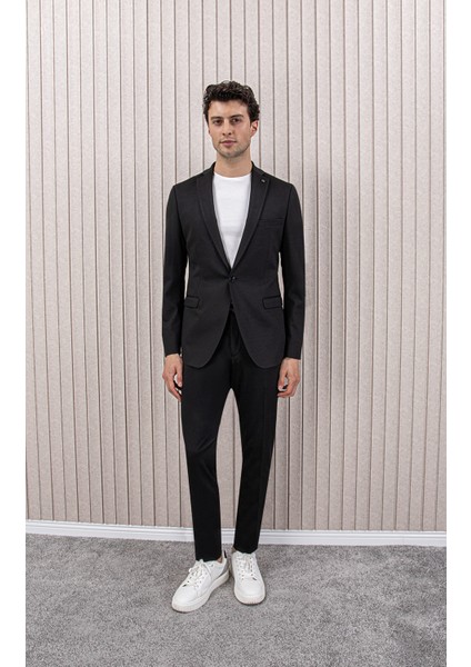 Erkek Likralı Beli Ipli Slim Fit Mono Yaka Takım Elbise