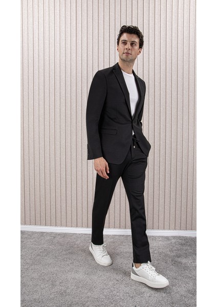 Erkek Likralı Beli Ipli Slim Fit Mono Yaka Takım Elbise