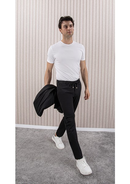 Erkek Likralı Beli Ipli Slim Fit Mono Yaka Takım Elbise