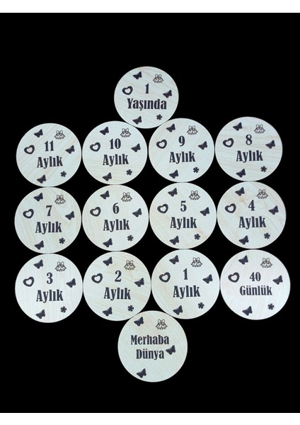 Ahşap Bebek Aylık Kart Seti, 14 Adet, 10 cm, Bej, 0-1 Yaş, Fotoğraf için ideal