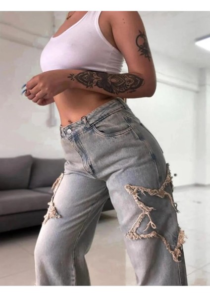 Kar Yıkama Baggy Retro Yıldız Detay Unısex Jean Pantolon fırsatları