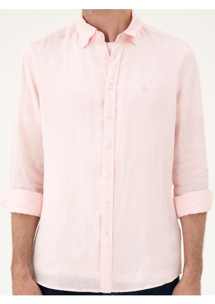 Erkek Pembe Regular Fit %100 Keten Gömlek 50284823-VR041