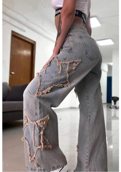 Kar Yıkama Baggy Retro Yıldız Detay Unısex Jean Pantolon