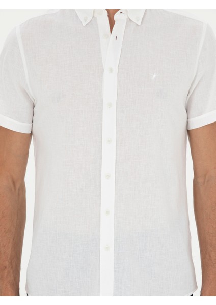 Erkek Beyaz Slim Fit Keten Karışımlı Kısakol Gömlek 50288558-VR013