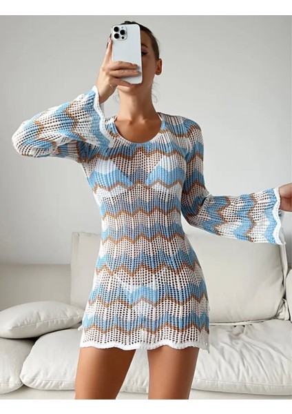 Örme Kumaş Bağcıklı Geniş Kol Kısa Plaj Elbisesi