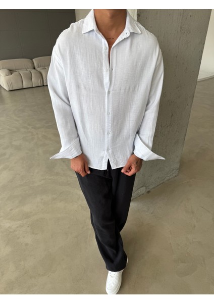 Erkek Oversize Fit Uzun Kollu Müslin Gömlek - Beyaz