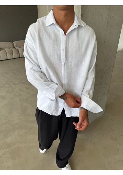 Erkek Oversize Fit Uzun Kollu Müslin Gömlek - Beyaz modelleri