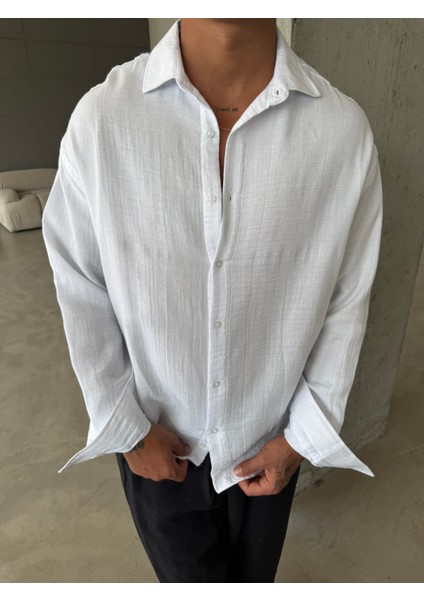 Erkek Oversize Fit Uzun Kollu Müslin Gömlek - Beyaz fırsatları