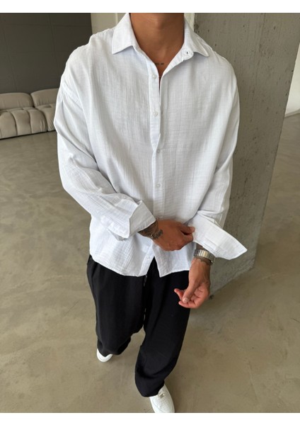 Erkek Oversize Fit Uzun Kollu Müslin Gömlek - Beyaz indirimleri