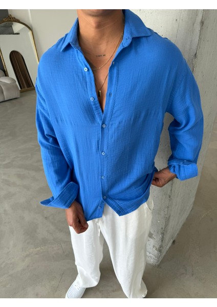Erkek Oversize Fit Uzun Kollu Müslin Gömlek - Mavi