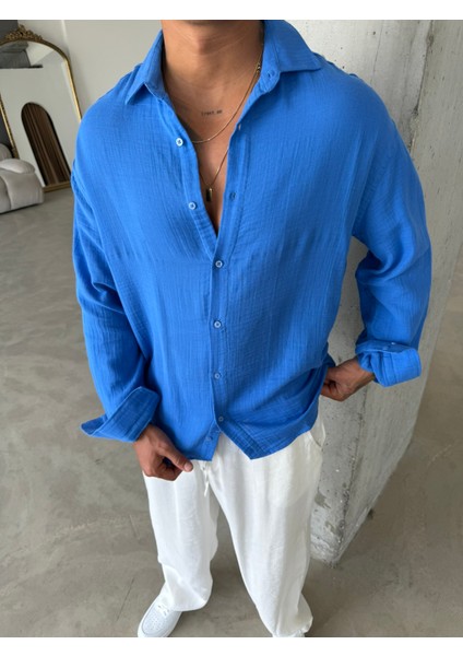 Erkek Oversize Fit Uzun Kollu Müslin Gömlek - Mavi