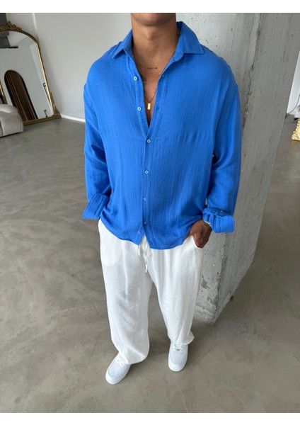 Erkek Oversize Fit Uzun Kollu Müslin Gömlek - Mavi