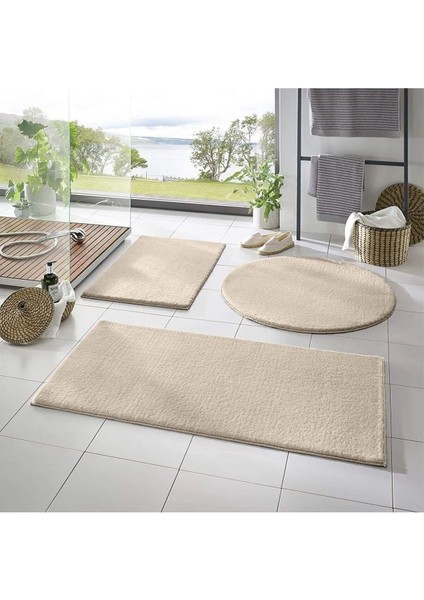 Yumuşak peluş 3'lü banyo paspas seti, bej, yuvarlak, kaymaz taban, çeşitli boyutlarda