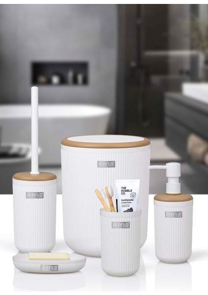 Beyaz çizgili yuvarlak 5'li banyo seti, şık ve kullanışlı ev tasarımı