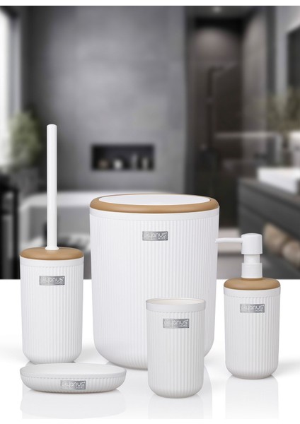 Beyaz çizgili yuvarlak 5'li banyo seti, şık ve kullanışlı ev tasarımı modelleri