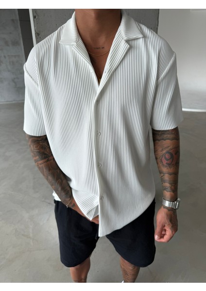 Erkek Oversize Fitilli Apaş Yaka Gömlek - Beyaz modelleri
