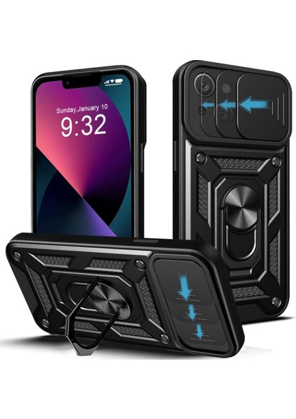 Iphone 13 - 14 Kılıf Kamera Korumalı Sürgülü Yüzüklü Armor Military Tank Kızaklı Kapak