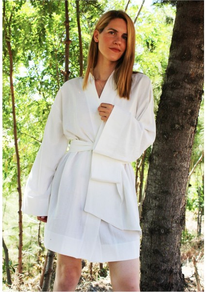 Özel Tasarım %100 Pamuk El Dokuması Kimono - Beyaz