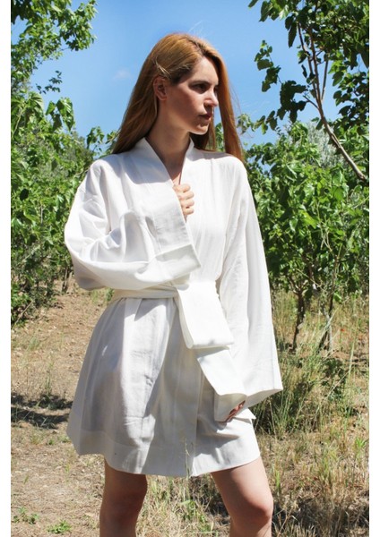 Özel Tasarım %100 Pamuk El Dokuması Kimono - Beyaz modelleri