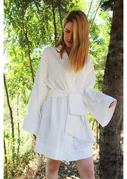 Özel Tasarım %100 Pamuk El Dokuması Kimono - Beyaz fırsatları