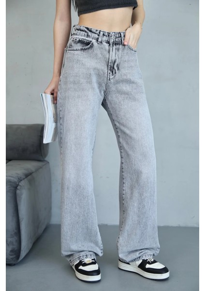 Baggy Gri Kar Yıkama Jean Pantolon Pallazo