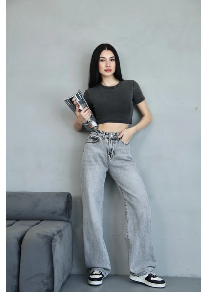 Baggy Gri Kar Yıkama Jean Pantolon Pallazo fırsatları
