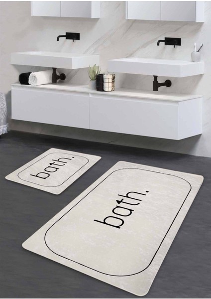 Yıkanabilir Ekru Çift Banyo Paspası, Kaymaz Taban, 60x100 ve 50x60 cm