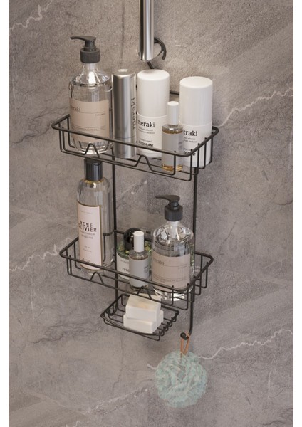 İki Katlı Siyah Metal Duş Rafı, Modern ve Şık Banyo Düzenleyici