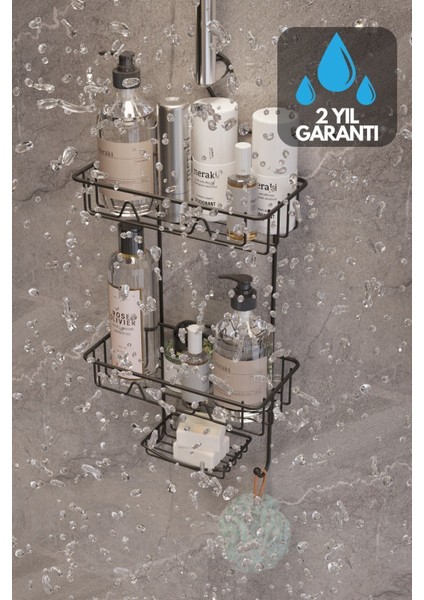 İki Katlı Siyah Metal Duş Rafı, Modern ve Şık Banyo Düzenleyici fiyatları