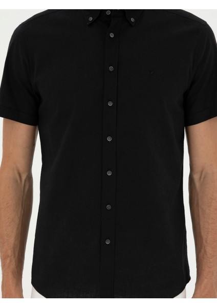Erkek Siyah Slim Fit Keten Karışımlı Kısakol Gömlek 50288558-VR046