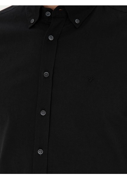 Erkek Siyah Slim Fit Keten Karışımlı Kısakol Gömlek 50288558-VR046