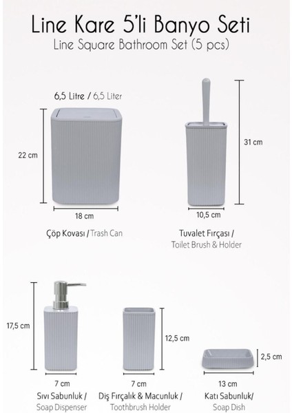 Gri 5 Parça Kare Banyo Seti, şık tasarım ve düzen sağlayan temizlik ürünleri