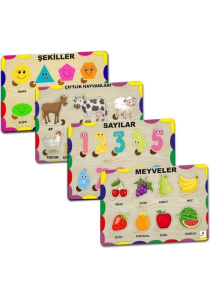 Ahşap Eğitici Puzzle Meyve Sebze Sayılarli 4’lü Set, Çocuklar İçin Eğlenceli Öğrenme