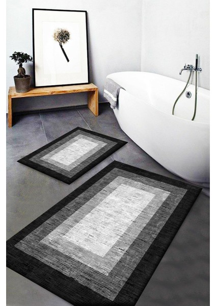 Desenli yıkanabilir kaymaz banyo paspası 2'li gri, siyah, beyaz, 90x60 cm