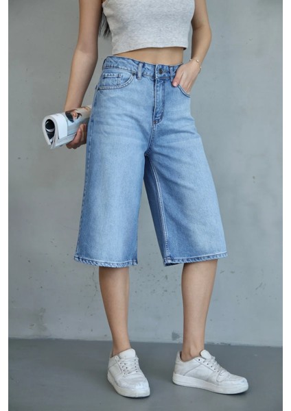 Baggy Buz Yıkama Jean Şort Bermuda