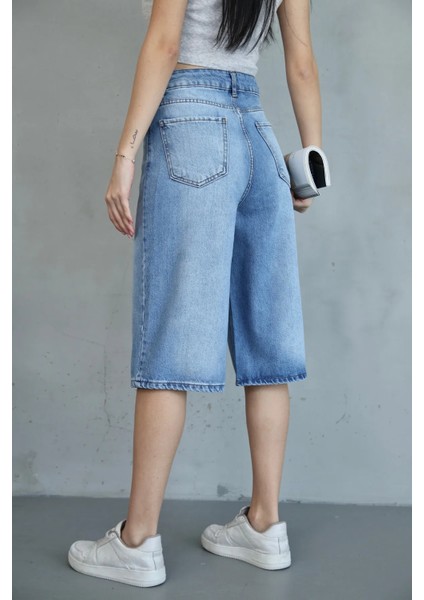 Baggy Buz Yıkama Jean Şort Bermuda
