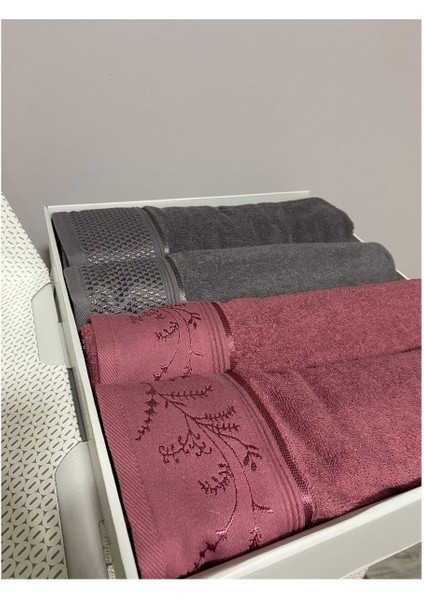 Yumuşak Pamuklu Banyo Takımı, 4 Parça, Mürdüm ve Antrasit Renklerde